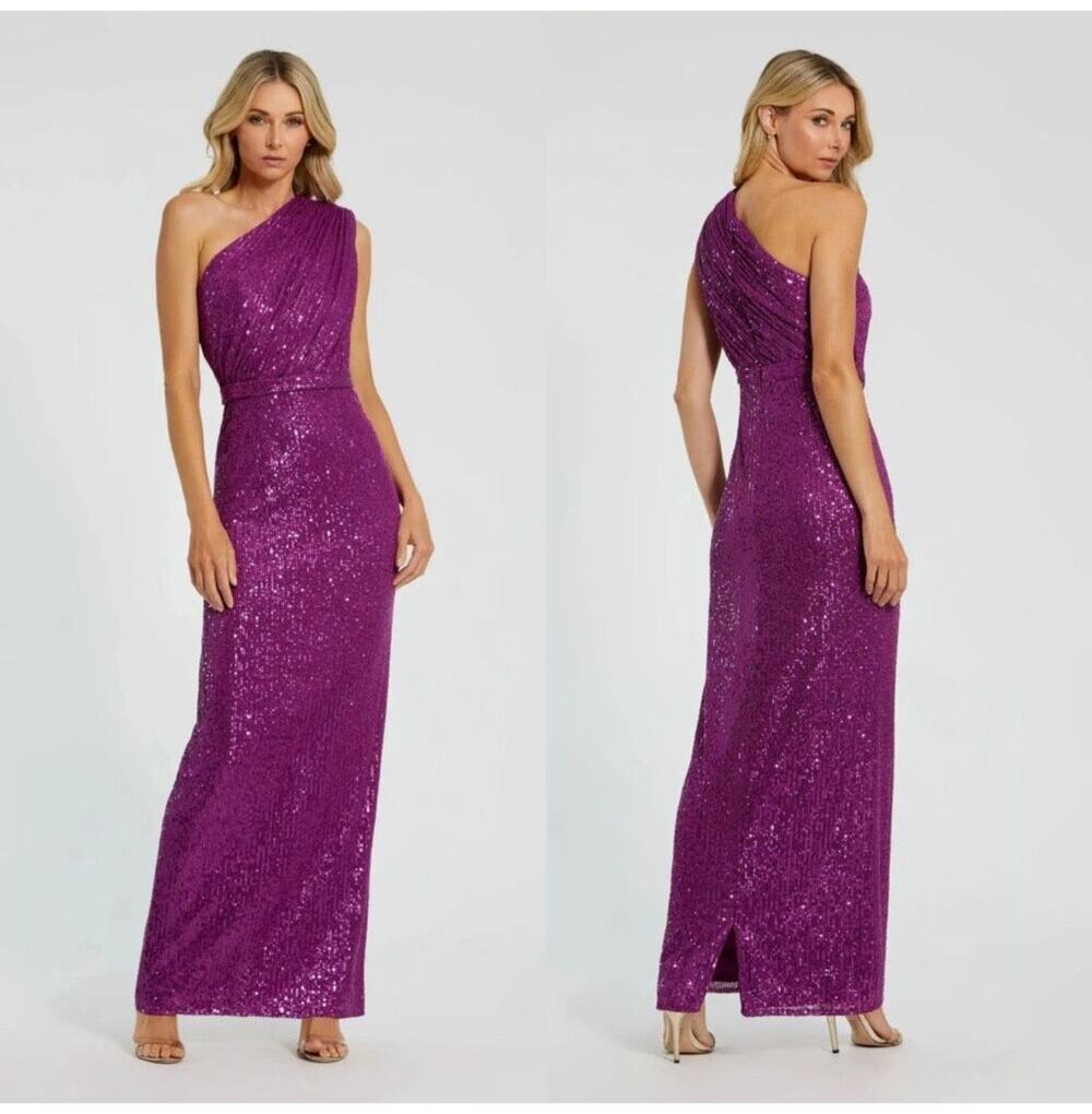 Ieena Mac Duggal Sz 14 Dark Purple Sequined Ruched One Shoulder Gown 26694 $398